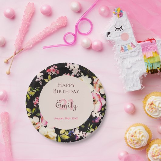 水彩ピンク&イエローローズオンブラック,誕生日 ペーパープレート (パーティー)