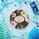 水彩ピンク&イエローローズオンブラック,誕生日 ペーパープレート (パーティー)