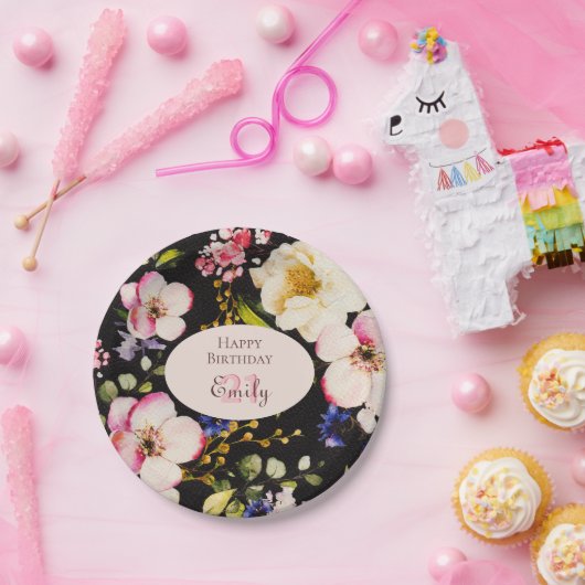 水彩ピンク&イエローローズオンブラック,誕生日 ペーパープレート (パーティー)