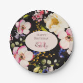 水彩ピンク&イエローローズオンブラック,誕生日 ペーパープレート (正面)