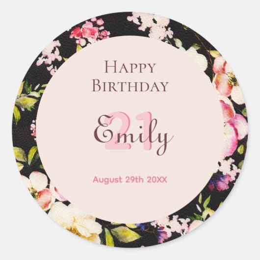 水彩ピンク&イエローローズオンブラック,誕生日 ラウンドシール (正面)