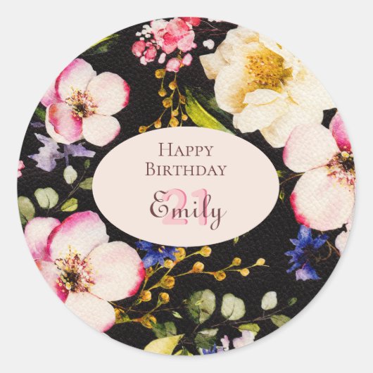 水彩ピンク&イエローローズオンブラック，誕生日 ラウンドシール (正面)
