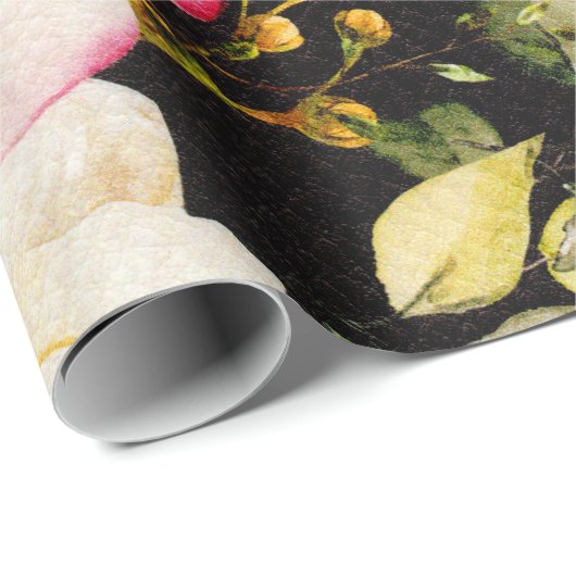 水彩ピンク&イエローローズオンブラック,誕生日 ラッピングペーパー (ロールコーナー)