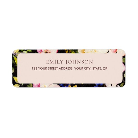 水彩ピンク&イエローローズオンブラック,誕生日 ラベル (正面)