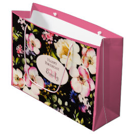 水彩ピンク&イエローローズオンブラック,誕生日 ラージペーパーバッグ