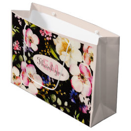 水彩ピンク&イエローローズオンブラック,誕生日 ラージペーパーバッグ