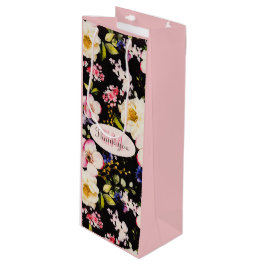 水彩ピンク&イエローローズオンブラック,誕生日 ワインギフトバッグ