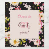 水彩ピンク&イエローローズオンブラック，誕生日 ワインラベル (シングルラベル)