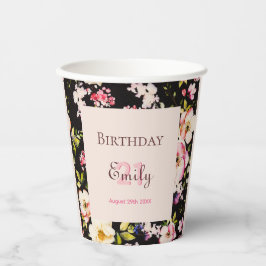 水彩ピンク&イエローローズオンブラック，誕生日 紙コップ