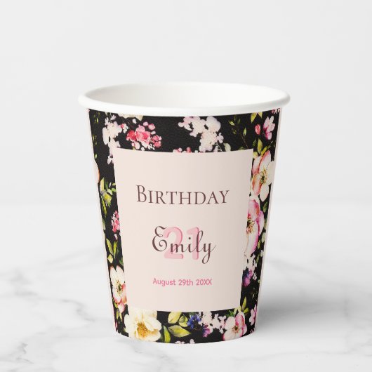 水彩ピンク&イエローローズオンブラック,誕生日 紙コップ (正面)