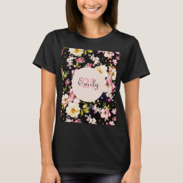 水彩ピンク&イエローローズオンブラック，誕生日 Tシャツ