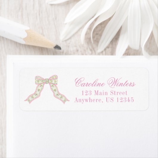 水彩ピンク&グリーンクリスマスバタフライボウ ラベル (インサイチュ)