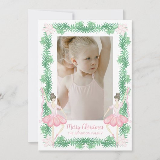 水彩ピンク&グリーンクリスマスバレリーナ写真 シーズンカード (正面)