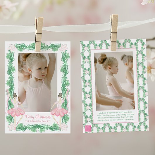 水彩ピンク&グリーンクリスマスバレリーナ写真 シーズンカード
