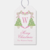 水彩ピンク&グリーンクリスマスモノグラムクレスト ギフトタグ