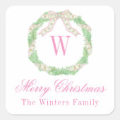水彩ピンク&グリーンクリスマスモノグラムリース スクエアシール (正面)