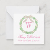 水彩ピンク&グリーンクリスマスモノグラムリース ノートカード (正面)
