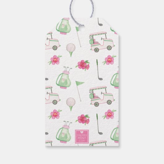 水彩ピンク&グリーンゴルフカートのモノグラムクレスト ギフトタグ (裏面)