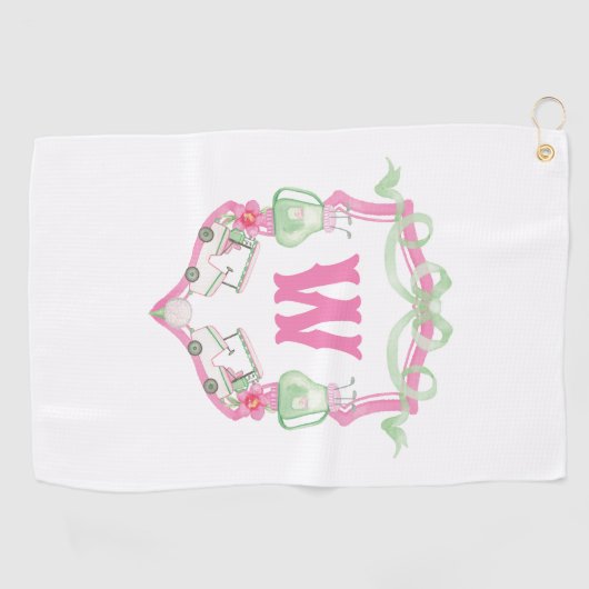 水彩ピンク&グリーンゴルフカートのモノグラムクレスト ゴルフタオル (横)