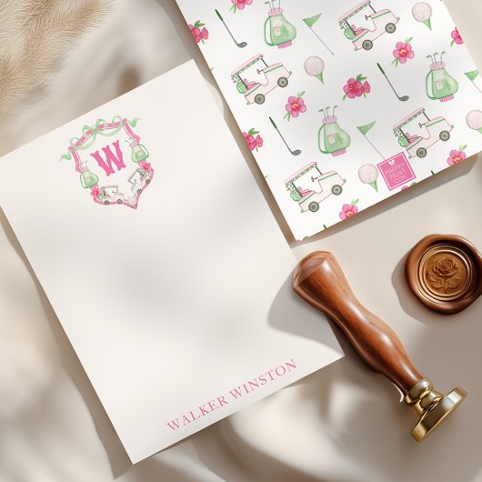 水彩ピンク&グリーンゴルフカートのモノグラムクレスト サンキューカード