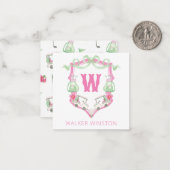 水彩ピンク&グリーンゴルフカートのモノグラムクレスト ノートカード (正面/裏面インサイチュ)