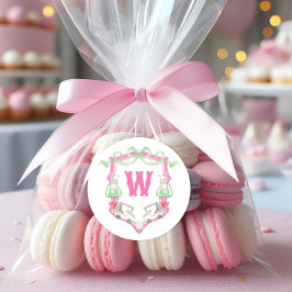 水彩ピンク&グリーンゴルフカートのモノグラムクレスト ラウンドシール