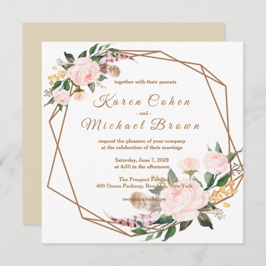水彩ピンク＆ゴールド ボヘミアンチック フラワー ウェディング 招待状 (正面/裏面)