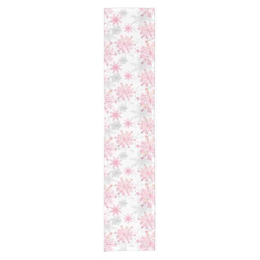 水彩ピンク&シルバーグリッター冬の雪片 ショートテーブルランナー (正面)