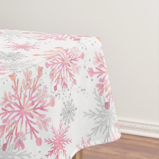 水彩ピンク&シルバーグリッター冬の雪片 テーブルクロス (インサイチュ)