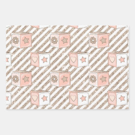 水彩ピンク&タン赤ちゃん女の子花クマ ラッピングペーパーシート