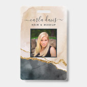 水彩ピンク ブラック ゴールド マーブル サロン ID バッジ (正面)