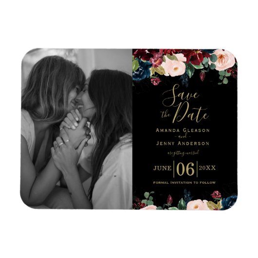 水彩ピンク、ブルゴーニュ、ネイビーブルーの花M マグネット (横)