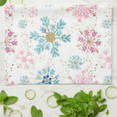 水彩ピンク、ブルー、金ゴールド冬の雪片 キッチンタオル (折り畳み)