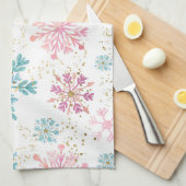 水彩ピンク、ブルー、金ゴールド冬の雪片 キッチンタオル (四つ折り)