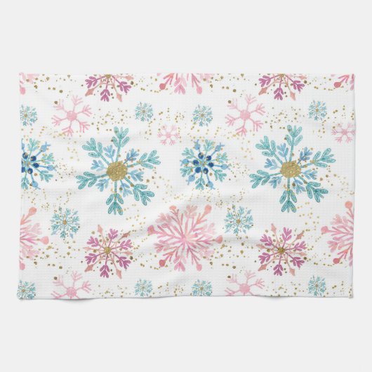 水彩ピンク、ブルー、金ゴールド冬の雪片 キッチンタオル (横)