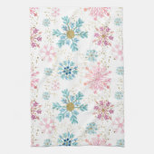 水彩ピンク、ブルー、金ゴールド冬の雪片 キッチンタオル (縦)