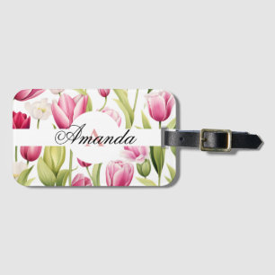 水彩ピンク&ホワイトモノグラムチューリップパターン ラゲッジタグ