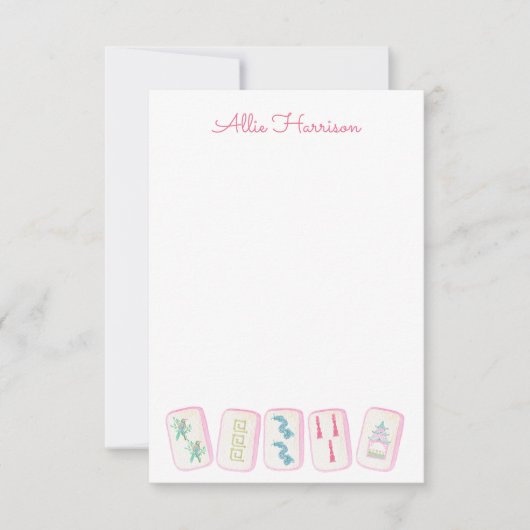 水彩ピンク&緑の麻雀タイルパーソナライズされた サンキューカード (正面)