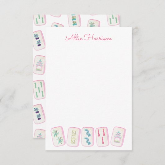 水彩ピンク&緑の麻雀タイルパーソナライズされた サンキューカード (正面/裏面)