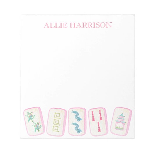 水彩ピンク&緑の麻雀タイルパーソナライズされた ノートパッド (正面)