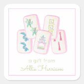 水彩ピンク&緑の麻雀タイル囲い スクエアシール (正面)