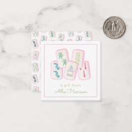 水彩ピンク&緑の麻雀タイル囲い ノートカード