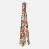 水彩ピンク&赤バラ花&緑葉色 ネクタイ (正面)