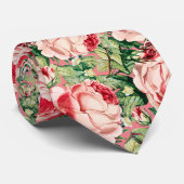 水彩ピンク&赤バラ花&緑葉色 ネクタイ (ロール)