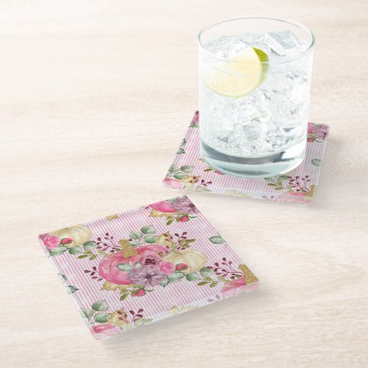 水彩ピンク&金ゴールドカボチャ&秋花 ガラスコースター (アングル)