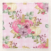 水彩ピンク&金ゴールドカボチャ&秋花 ガラスコースター (正面)