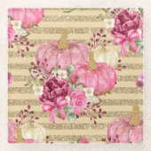 水彩ピンク&金ゴールドカボチャ&秋花 ガラスコースター (正面)