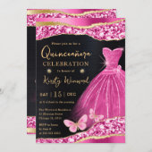 水彩ピンク&金ゴールドグリッタードレスキンセアニェラ 招待状 (正面/裏面)