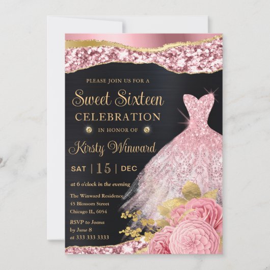 水彩ピンク&金ゴールドグリッタードレスSweet sixteen 招待状 (正面)