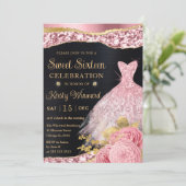 水彩ピンク&金ゴールドグリッタードレスSweet sixteen 招待状 (スタンド正面)